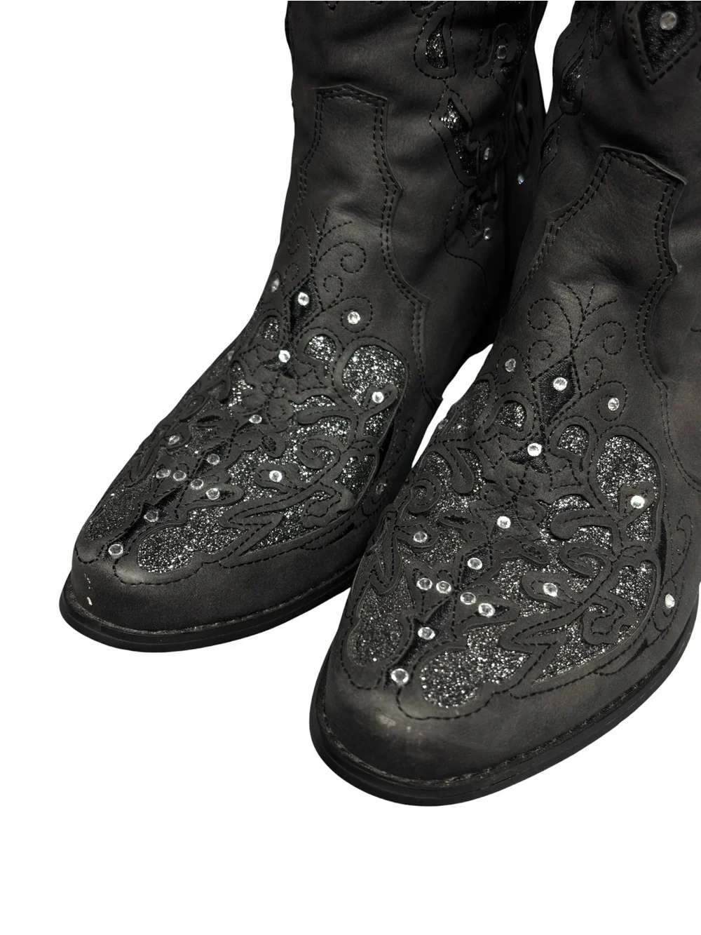 Gray Rhinestone Studded Glitter Inlay Knee High Cowboy Boots - Picture 7 of 7